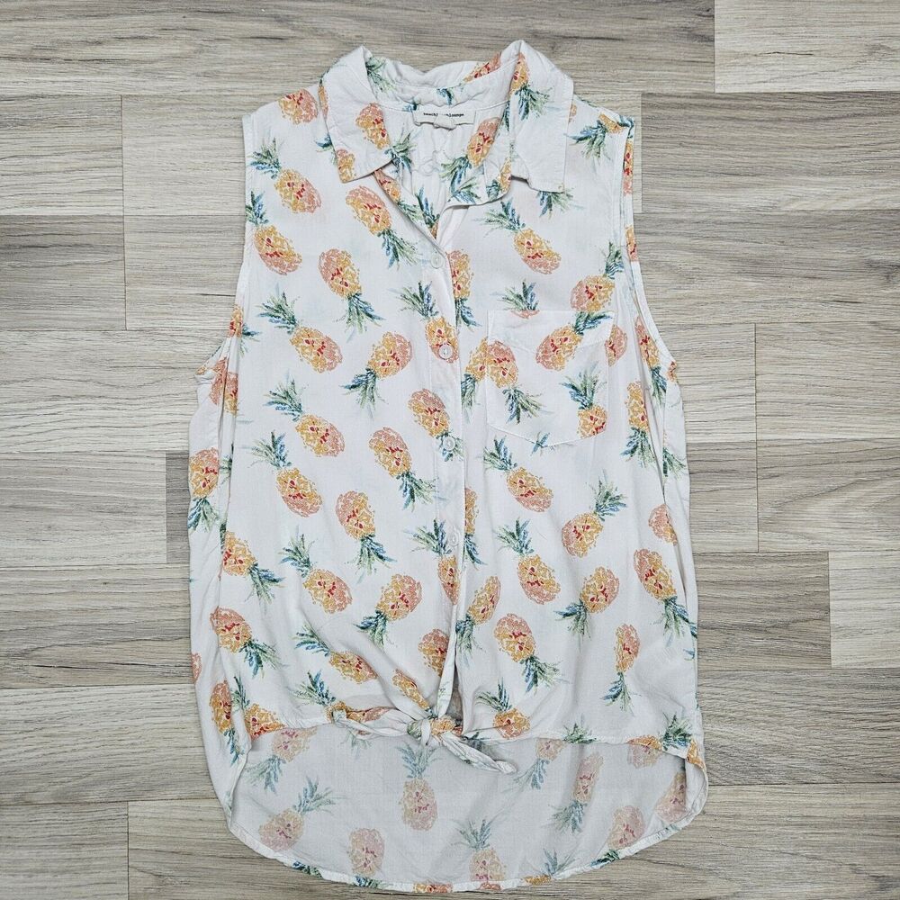 Beach Lunch Lounge Womens White Pineapple Button Down Tank Knotted Small Petite